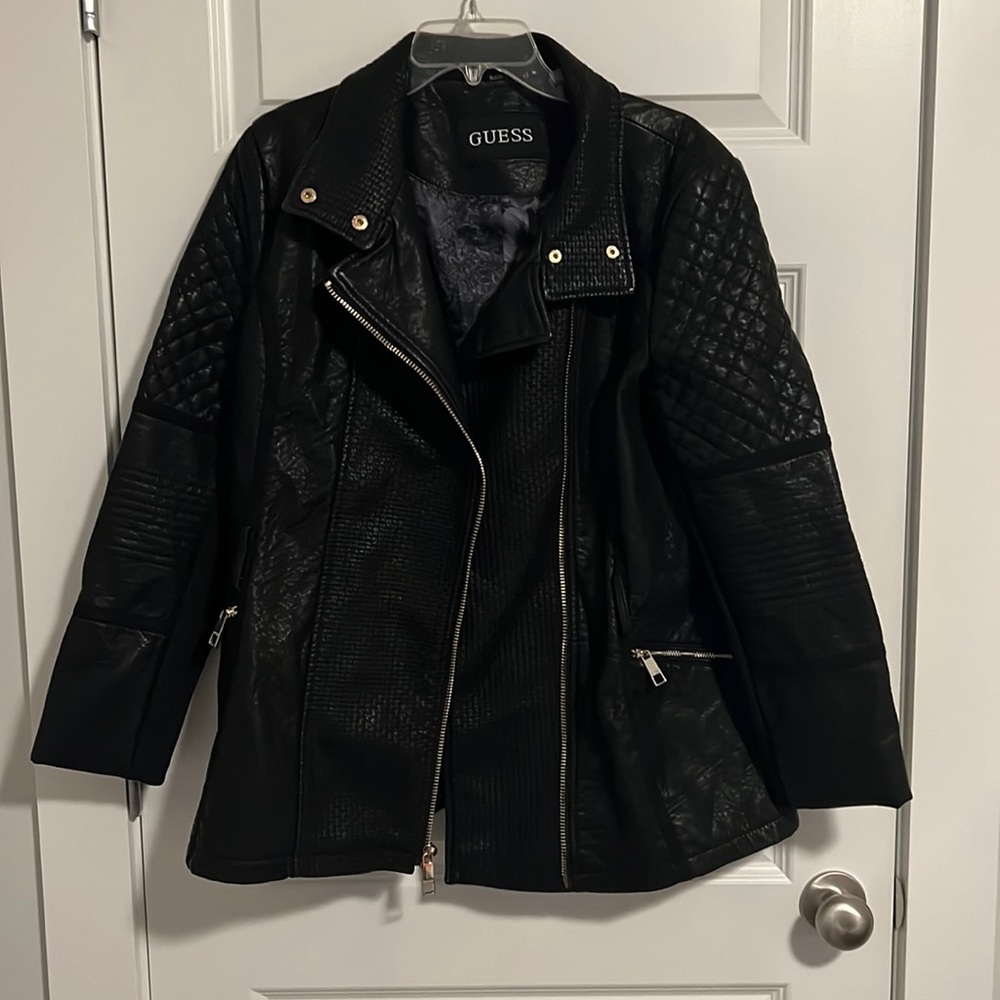 Guess Black Faux Leather Moto Coat With Belt